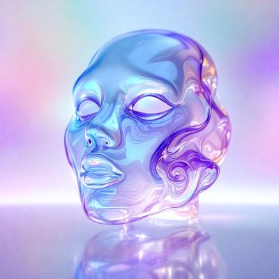 The primary subject of the image is a glass sculpture of a head, which is the main object, scene, or focus of the image. The setting is a purple background, which adds a unique and artistic touch to the visual style. The overall atmosphere is one of creativity and artistic expression.